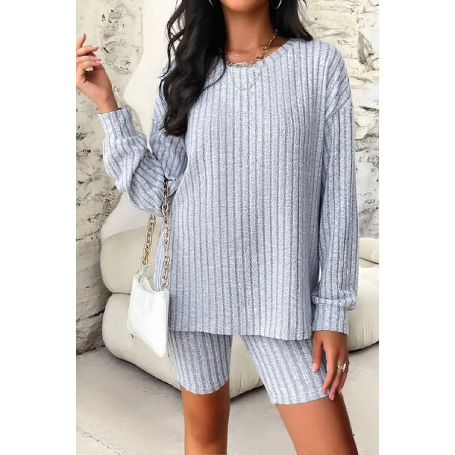 Ribbed Round Neck Dropped Shoulder Top and Shorts Set