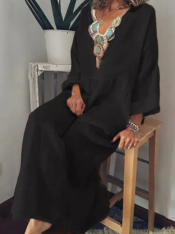Casual V-Neck Printed Long-Sleeved Dress