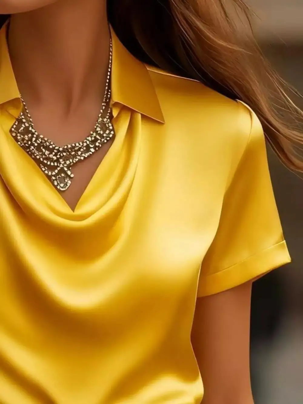 Cowl Neck Short Sleeve Satin Blouse Plus