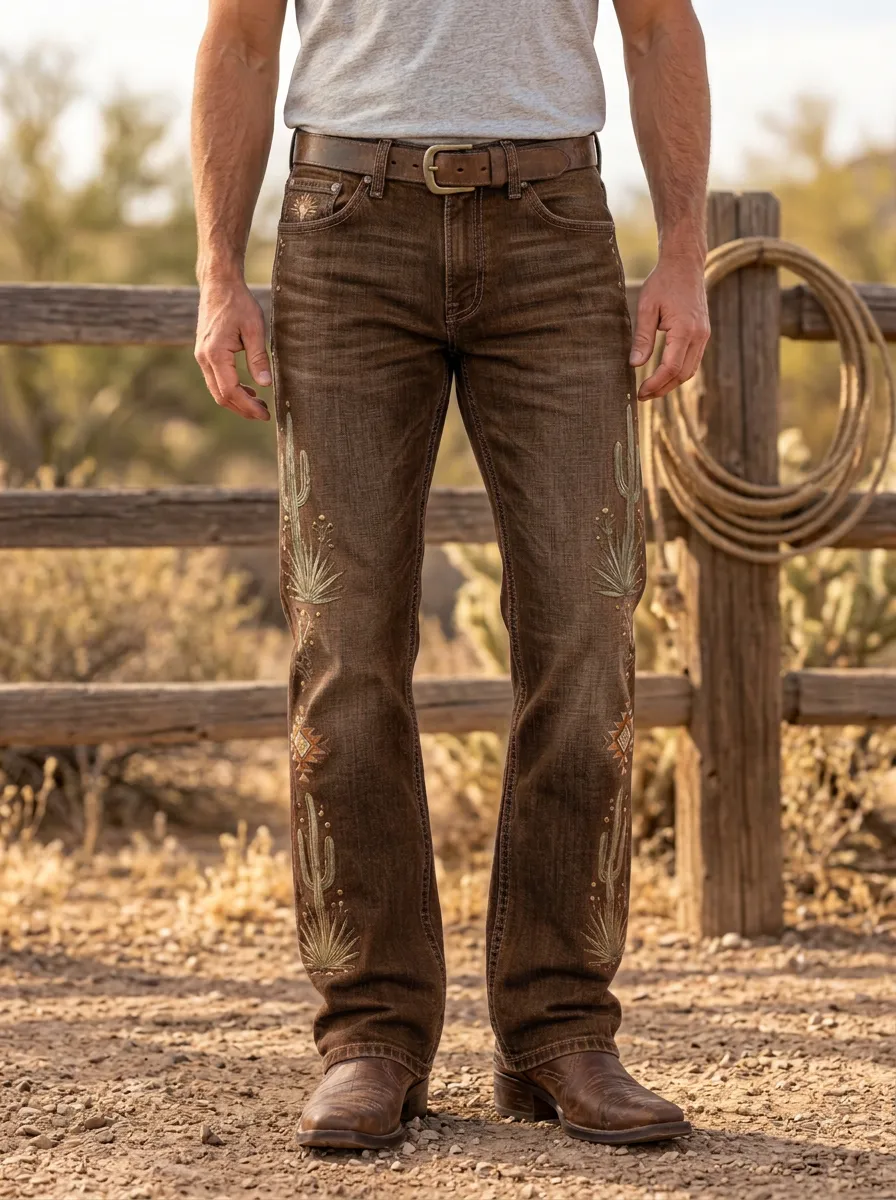 Men's Western Cowboy Cactus Geometric Jeans