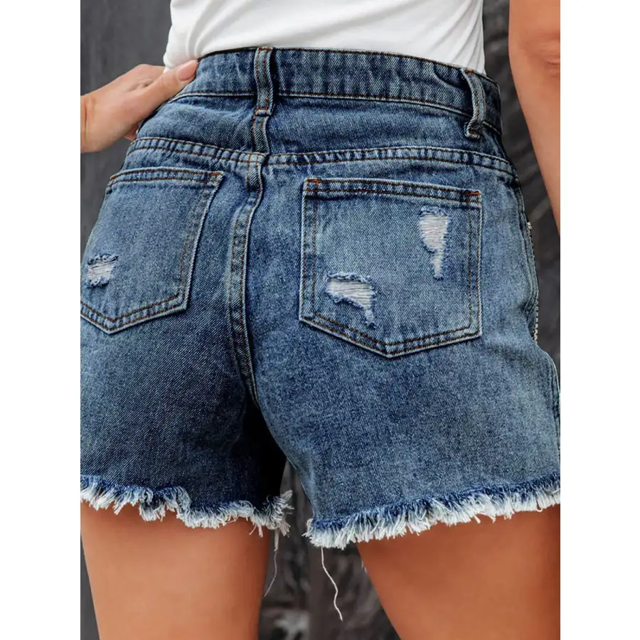Distressed Fringe Denim Shorts with Pockets