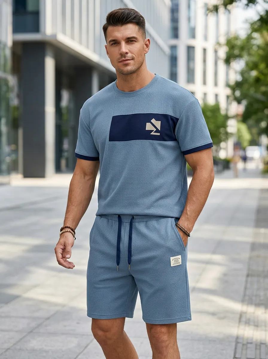 Everyday Waffle Texture Colorblock Detail Essential Men's T-Shirt And Shorts Set
