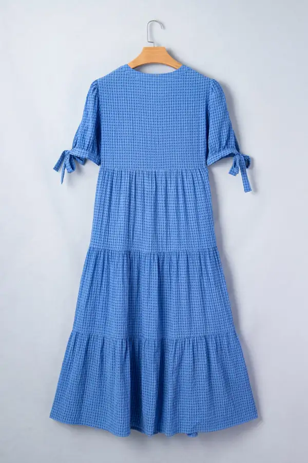 Relaxed Shape Plaid Tiered Short Sleeve Midi Dress