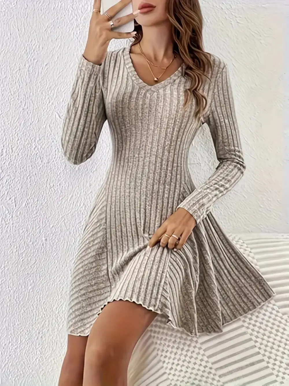 Ribbed Knit Long Sleeve Sweater Dress