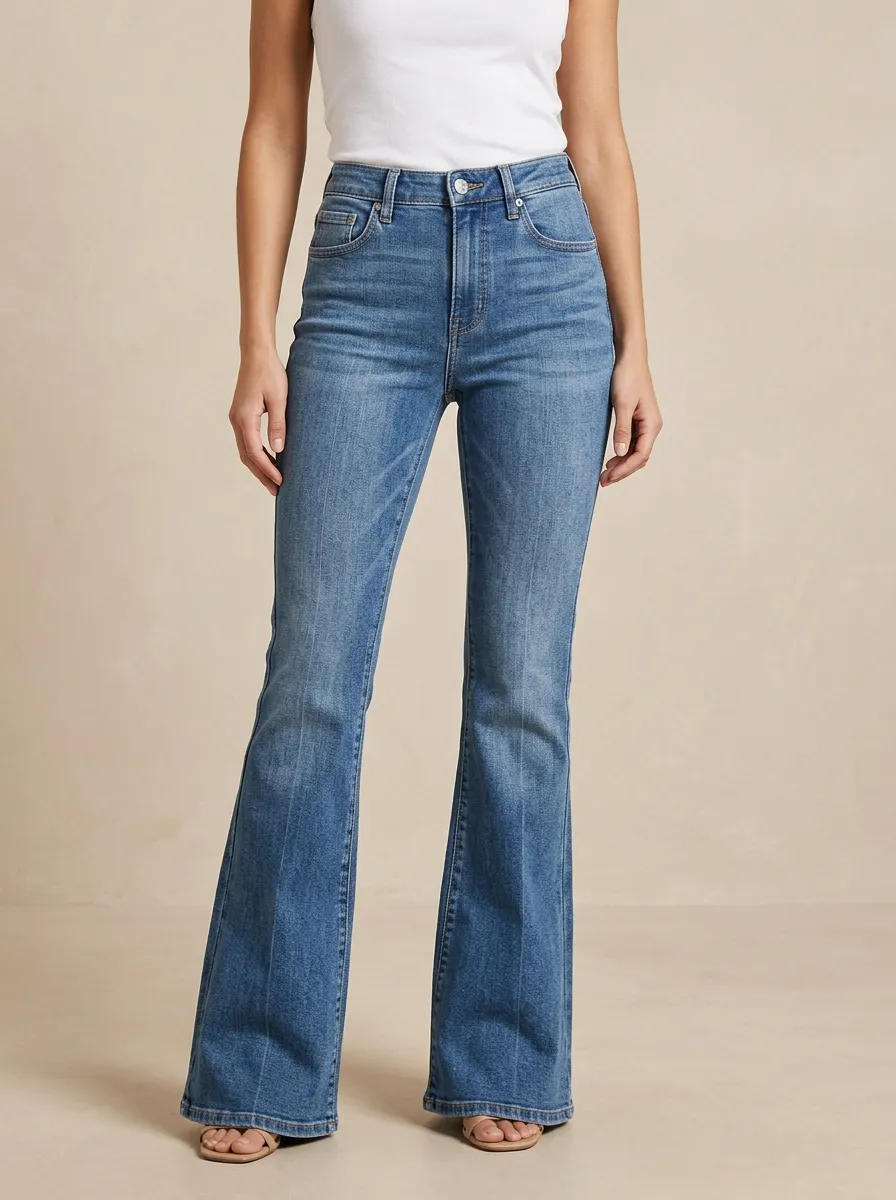 Women's High-Waisted Flare Denim High-Rise Waist Classic Button Jeans
