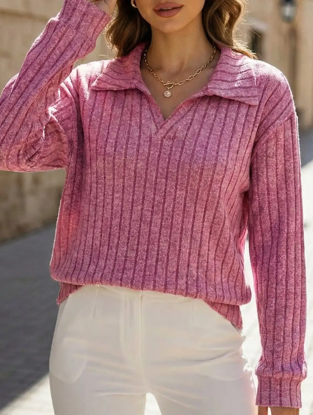 Plus Size Ribbed V-Neck Long Sleeve Tee