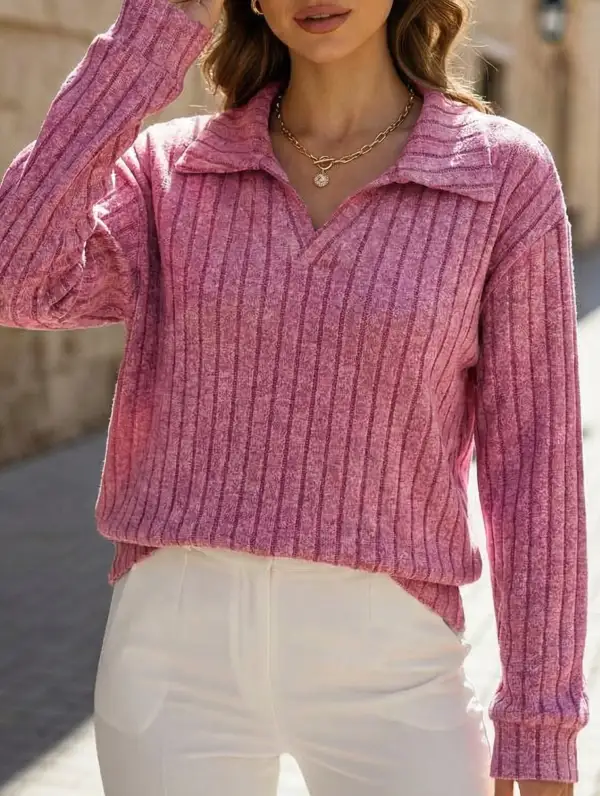 Plus Size Ribbed V-Neck Long Sleeve Tee