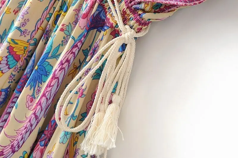 Wild Peacock & Flowers V-Neck Maxi Dress