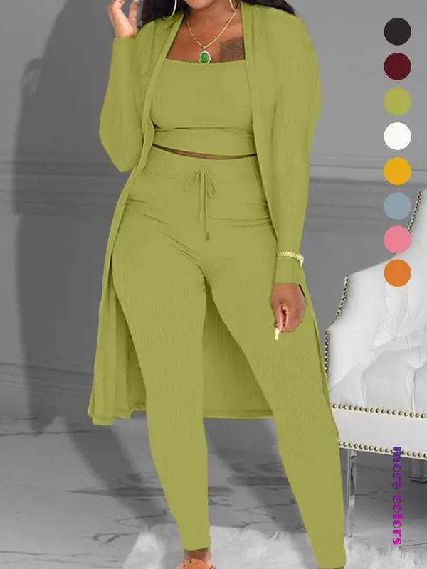 Women's Plain Long Sleeve Open Front Cardigan & Tie Front Leggings & Sleeveless Cropped Top Set, Casual Elegant Chic Fashion Cozy Breathable Women's Outfits for Fall, Ladies Fall Co-ord Sets, Clothes