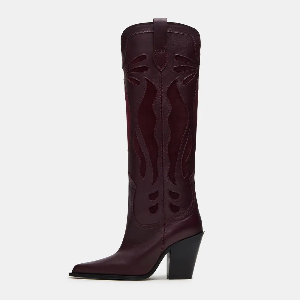 Faux-Suede Faux-Leather Pointed-Toe Block-Heel Knee-Length Western Boots