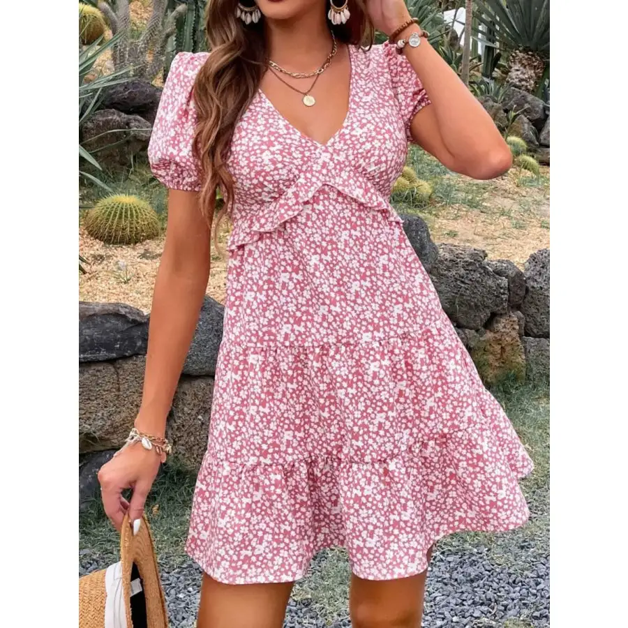 Print Wrap Mini Dress with Puff Sleeves