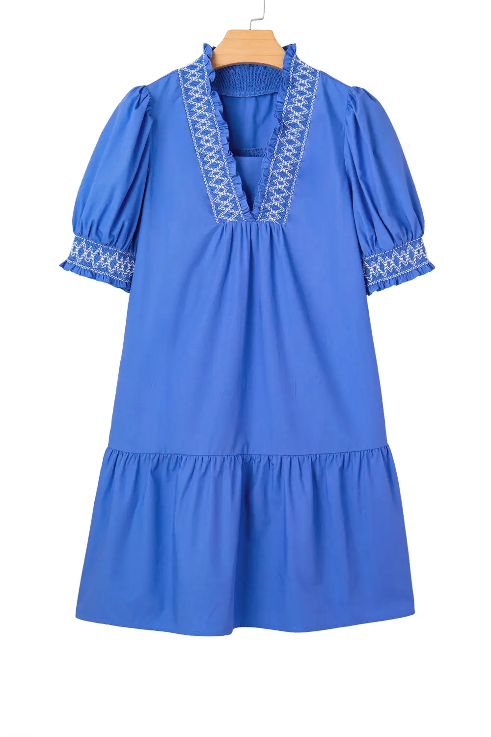 Embroidered V Neck Smocked Mini Dress