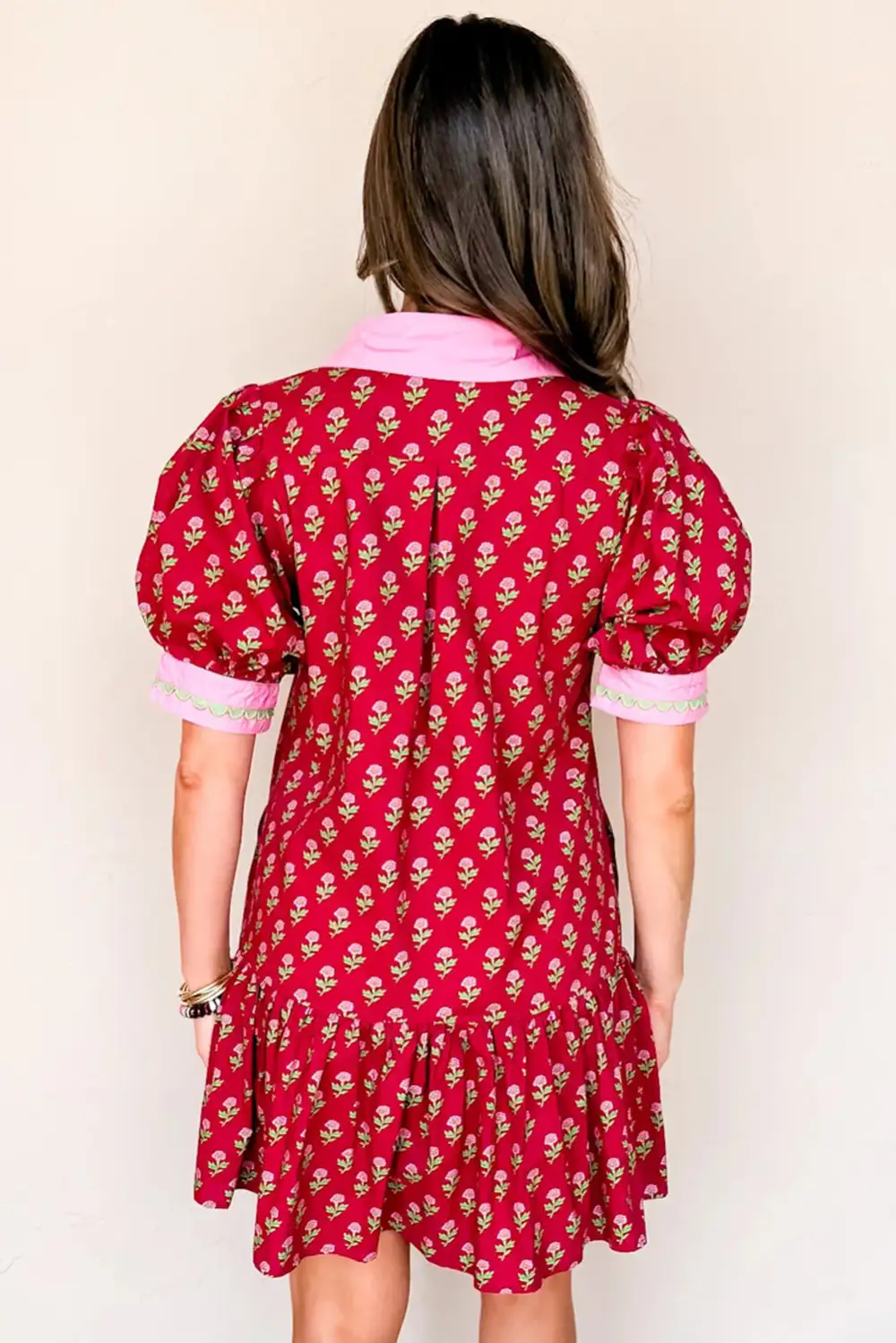 Layered Detail Floral Printed V Neck Mini Dress