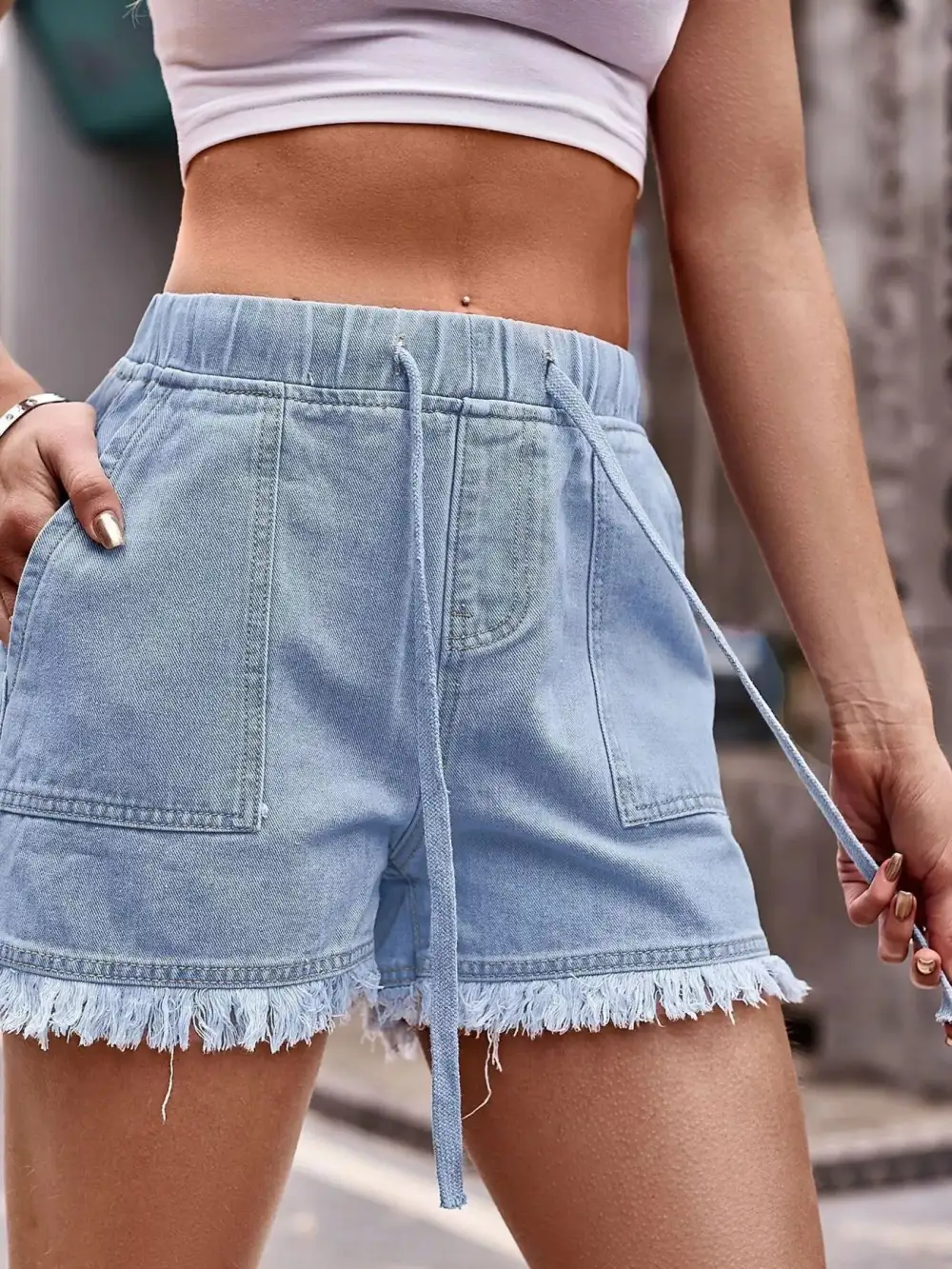Raw Hem Frayed Hem Frayed Drawstring Shorts