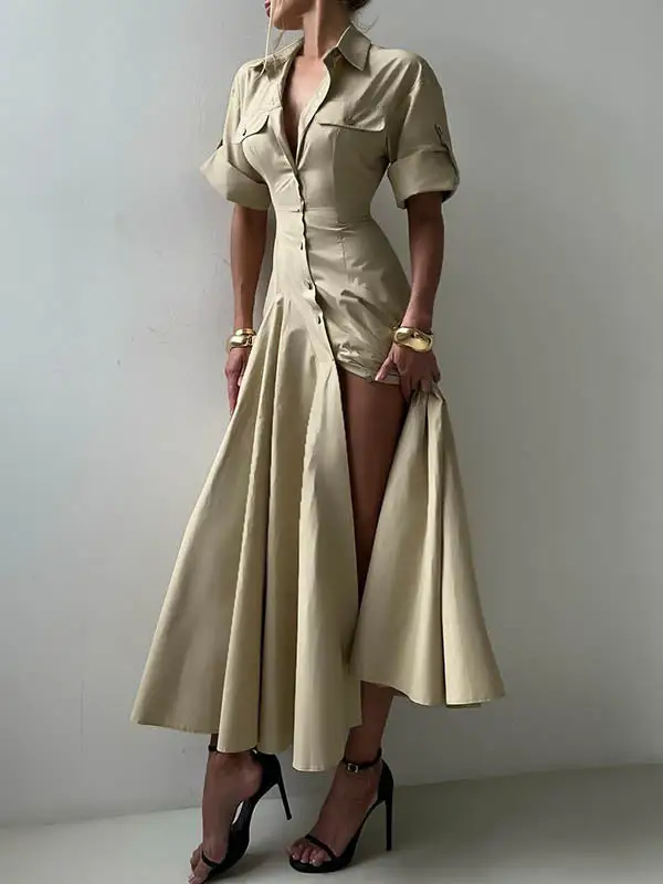 Lapel Buttoned Sleeve Shirt Maxi Dress
