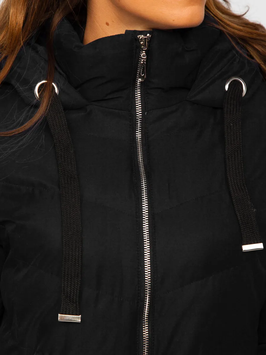 Black women's long quilted winter jacket with hood