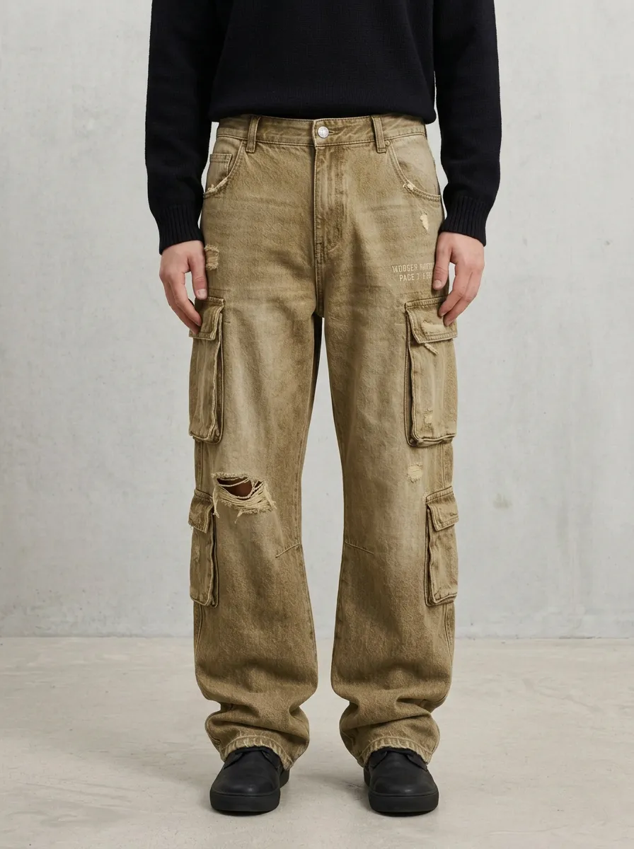 Men's Distressed Vintage Wash Printed Cargo Pants