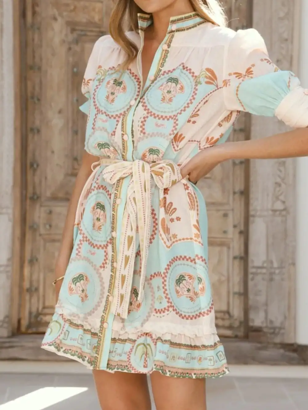 Printed Tie Waist Mini Dress