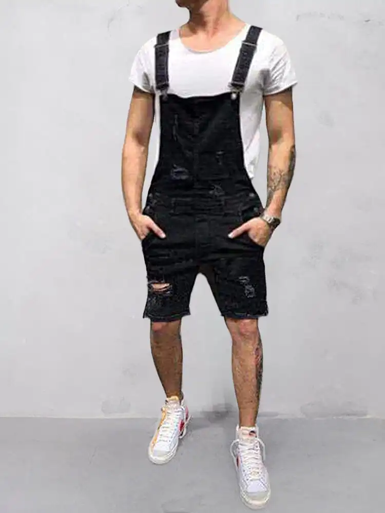 Men's Torn Denim Overalls Shorts