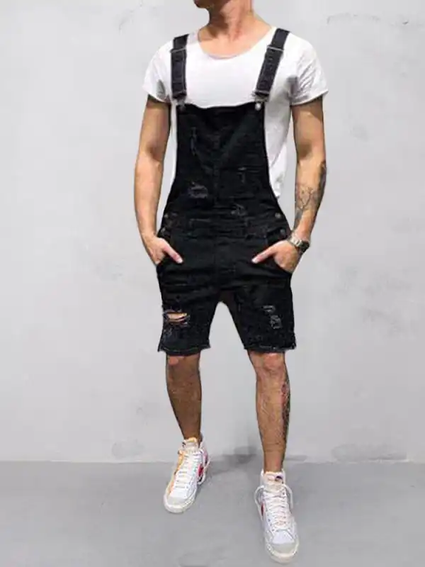 Men's Torn Denim Overalls Shorts