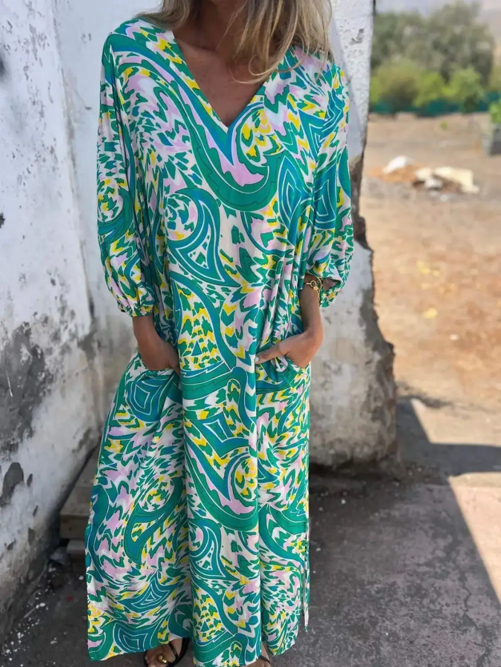 V-Neck Printed Midi Dress