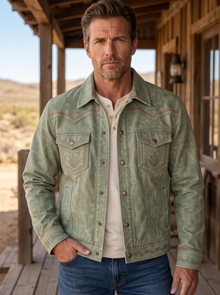 Men's Western Cowboy Cactus Embroidered Jacket