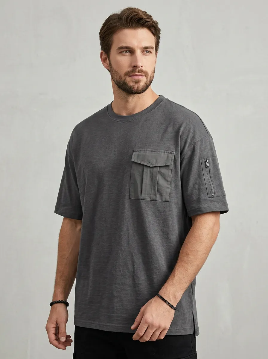 Practical Multi Pocket Utility Look Men's Cargo Pocket T-Shirt