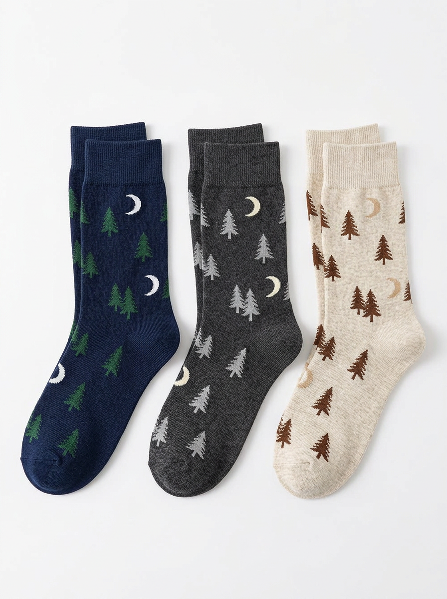Men's Three-Pair Pine Moon Pattern Crew Sock Set