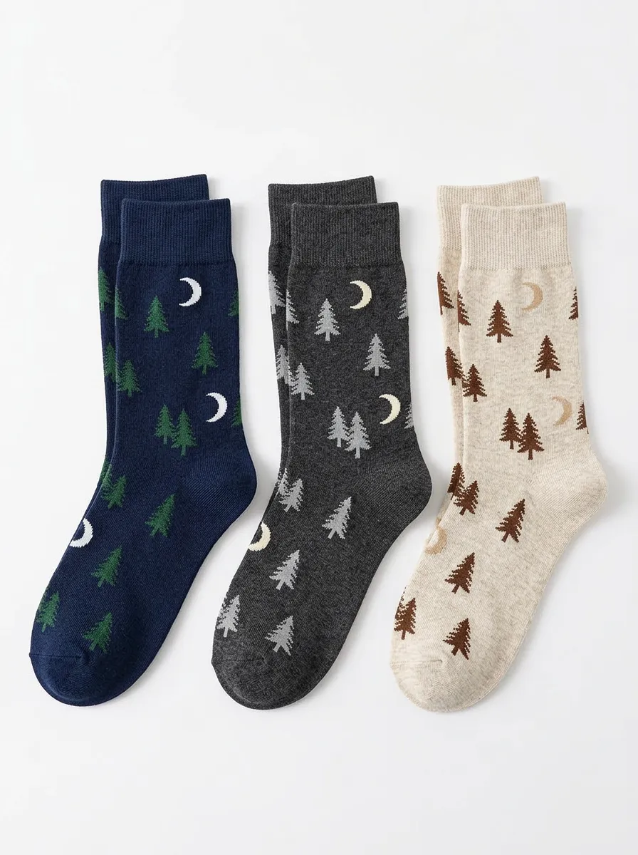 Men's Three-Pair Pine Moon Pattern Crew Sock Set