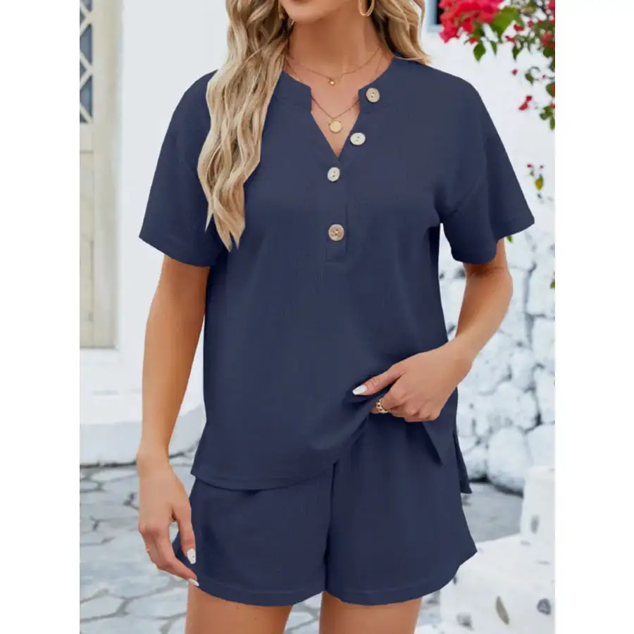 Casual Button Detail Ribbed Top and Shorts Two Piece Set