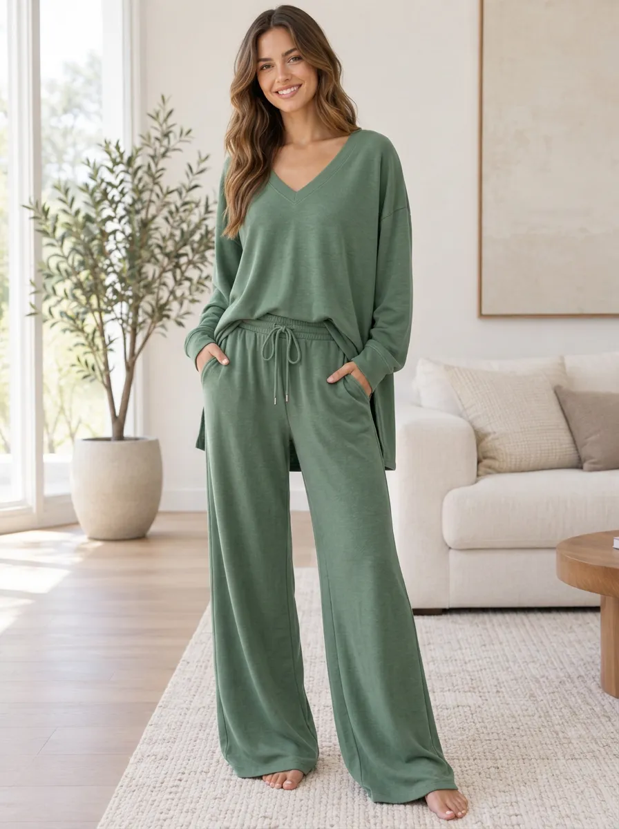 Women's V-Neck Casual Homewear Wide Leg Loungewear Set