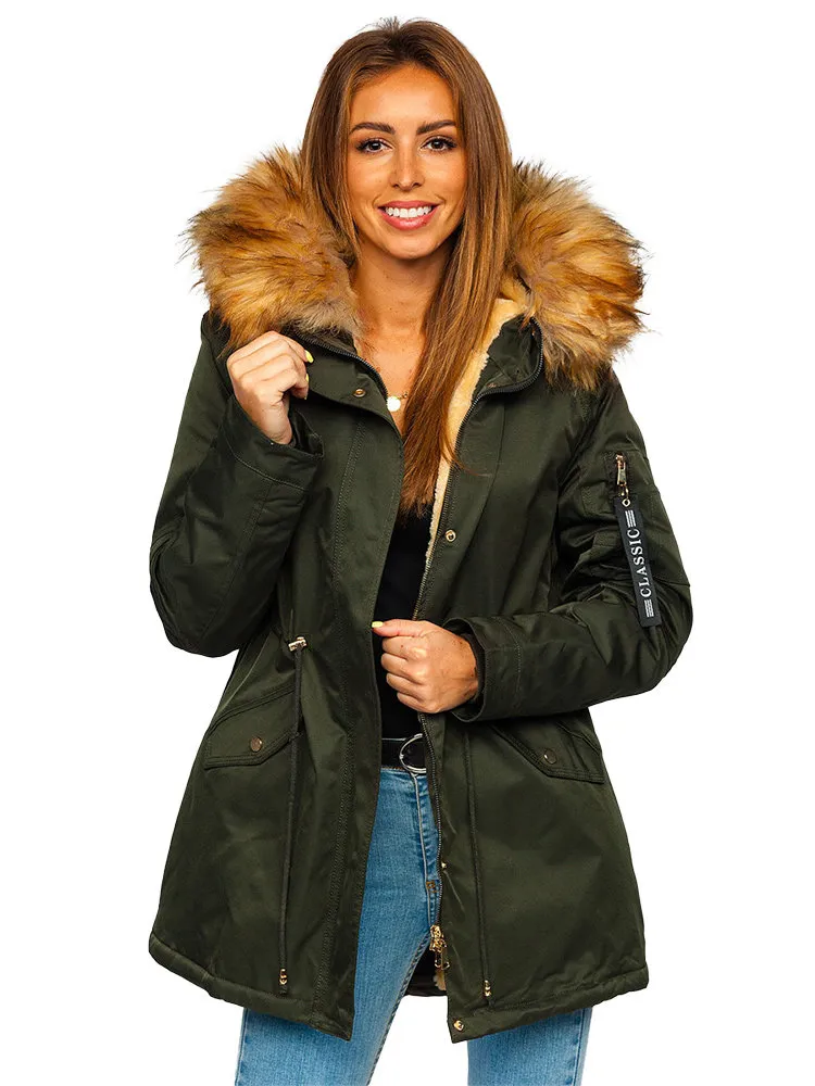 Khaki women's winter parka jacket with hood