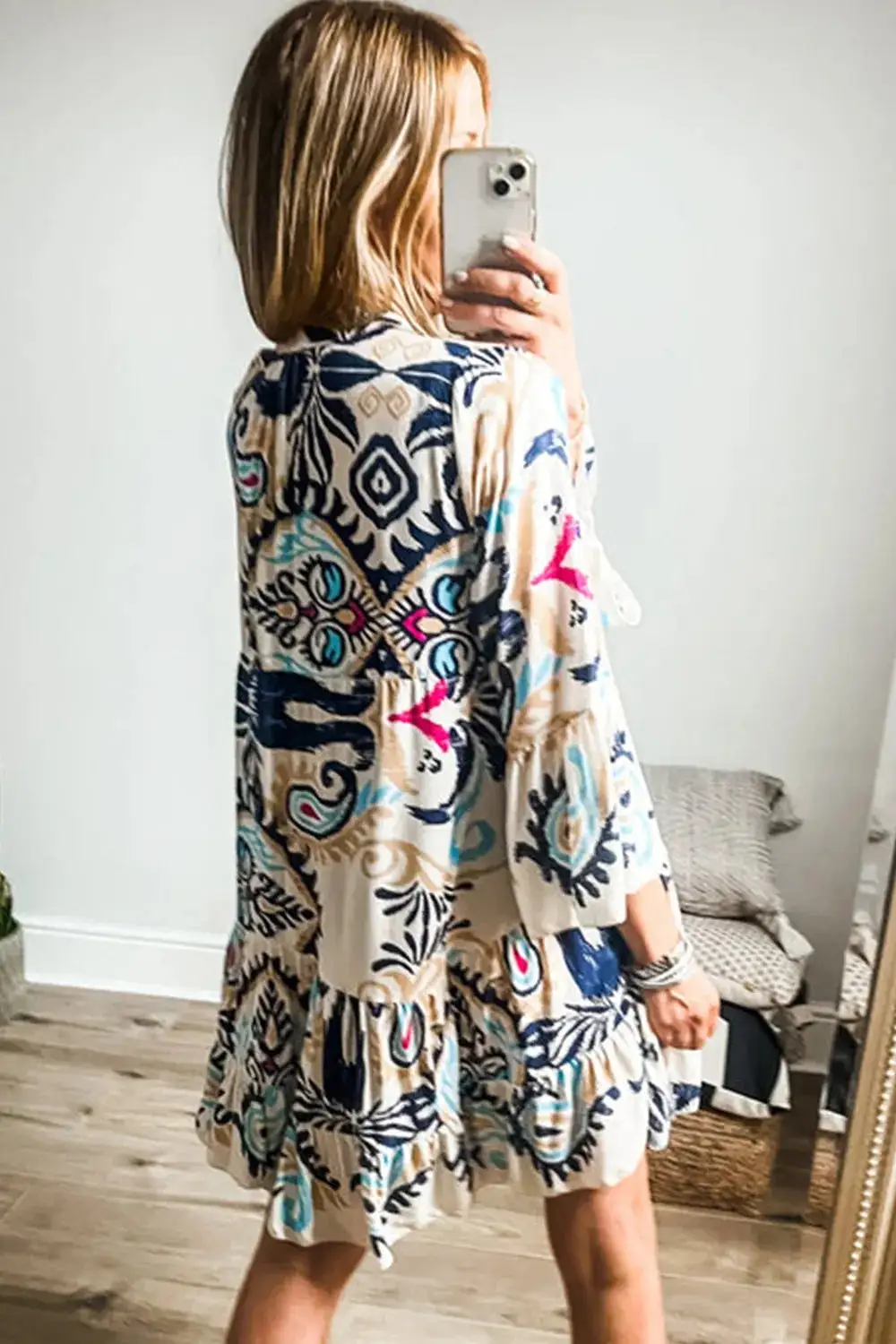 Easy Fit Printed Mini Tie Detail Dress