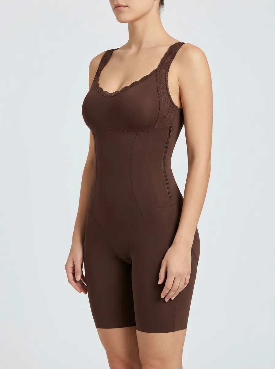 Women's Brown Lace Trim Zippered Bodysuit Shapewear