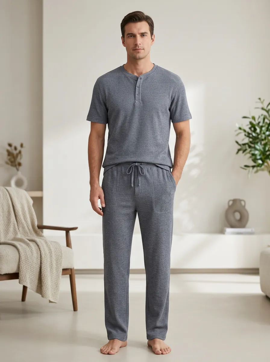 Men's Straight Leg Casual Loungewear Grey Waffle Knit Henley Pajama Set