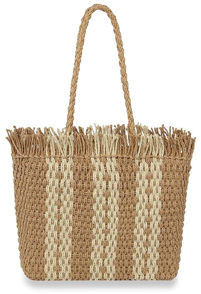 Woven Fringed Pocketed Woven Straw Tote Bag