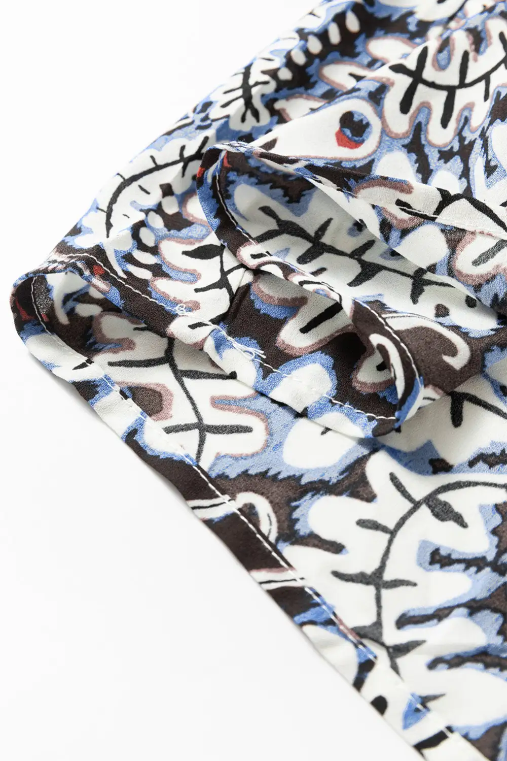 Blue Tribal Print Lace-Up Frilled Neck Puff Sleeve Blouse