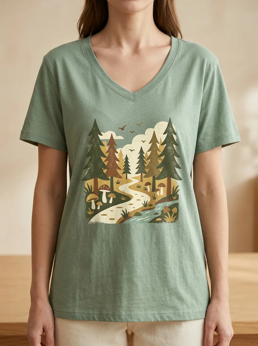 Women's Nature Forest River Mushroom Print V-Neck T-Shirt