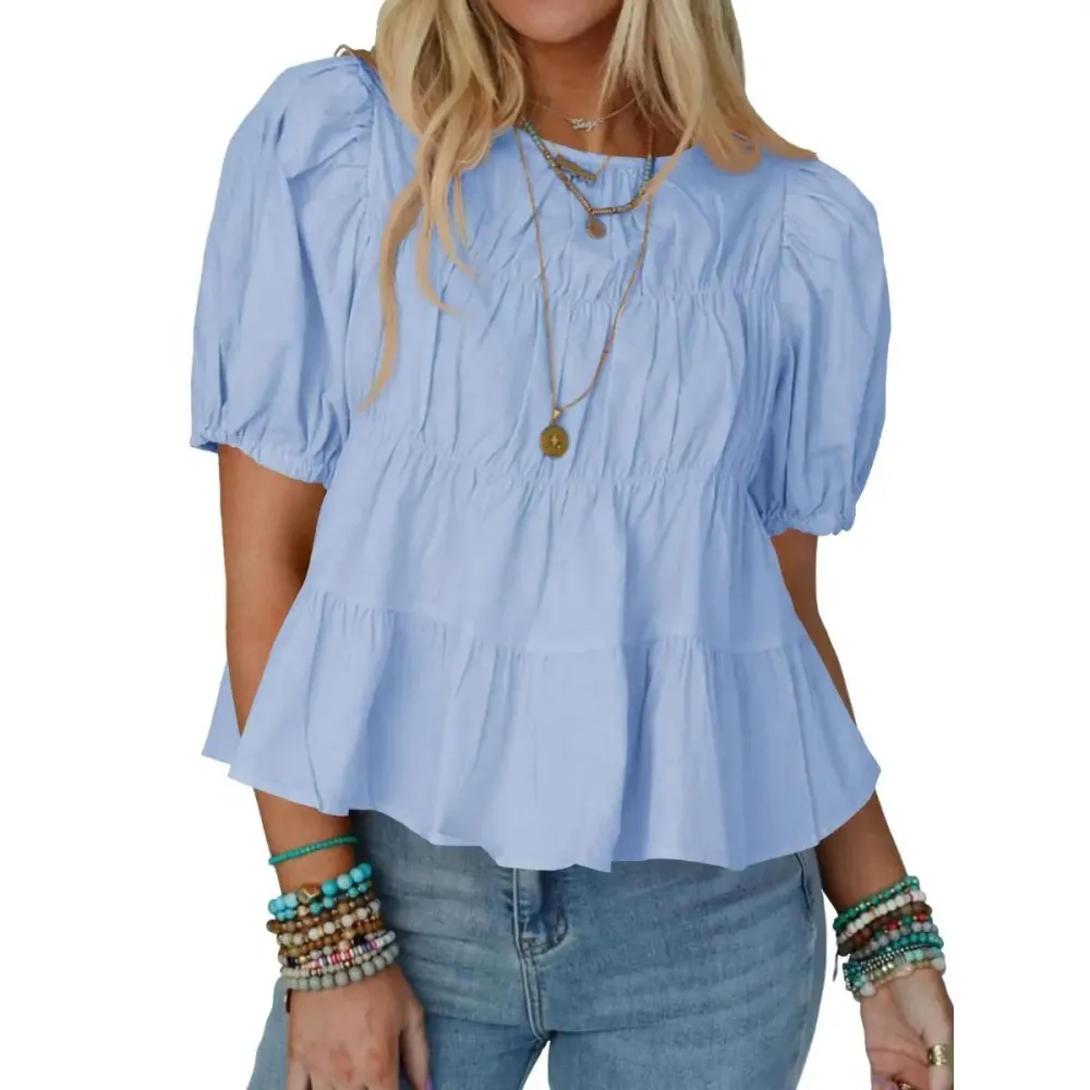 Womens Puff Sleeve Peplum Babydoll Tops