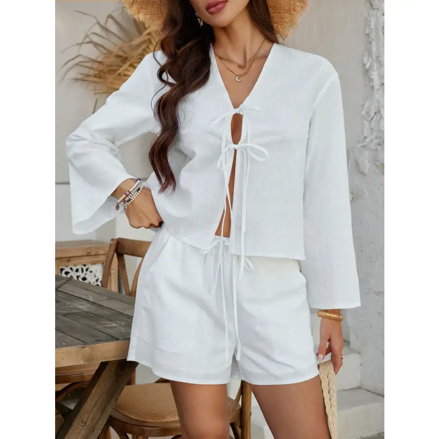 Double Tied V Neck Top and Shorts Set