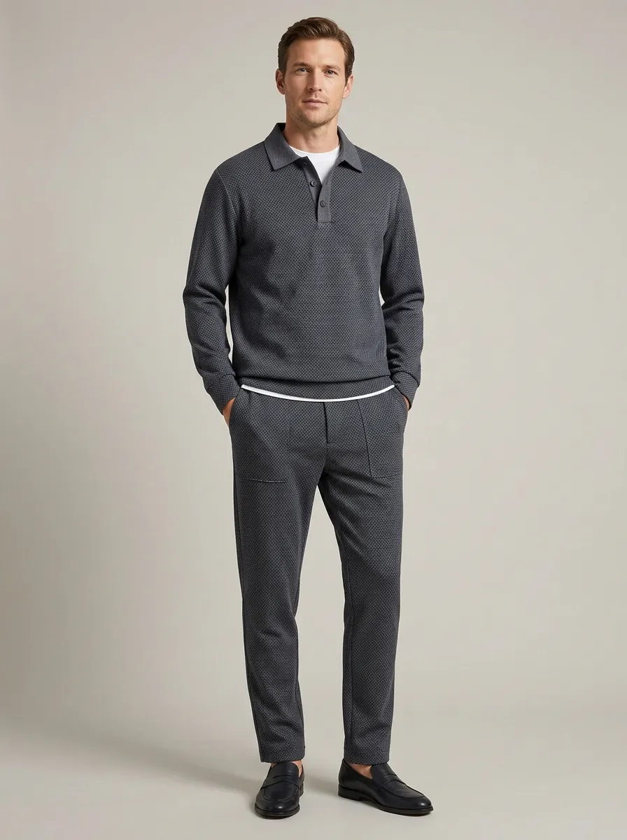 Men's Geometric Polo Collar Jacket and Jogger Pants Set