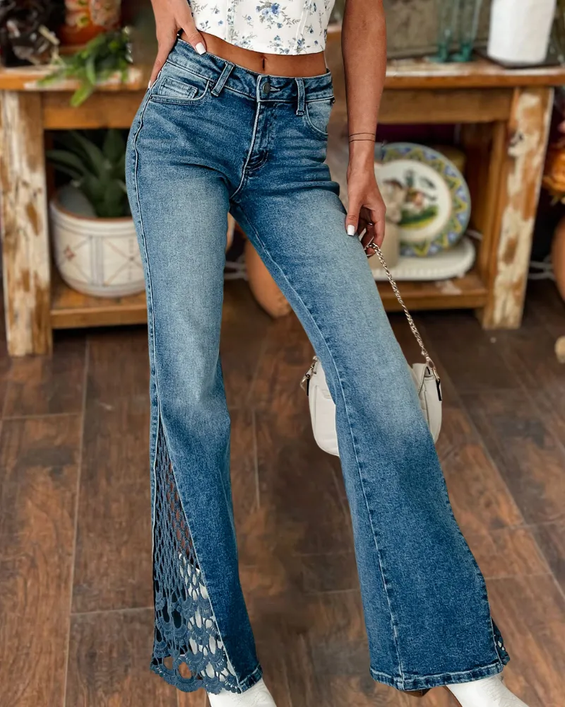 Mid Rise Crochet Flared Jeans
