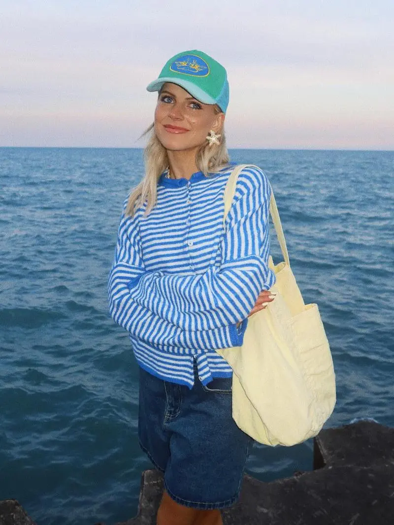 Women's Striped Casual Long Sleeve Loose Knit Sweater, Lightweight Fall & Winter Fashion, Button Front Open Front Design