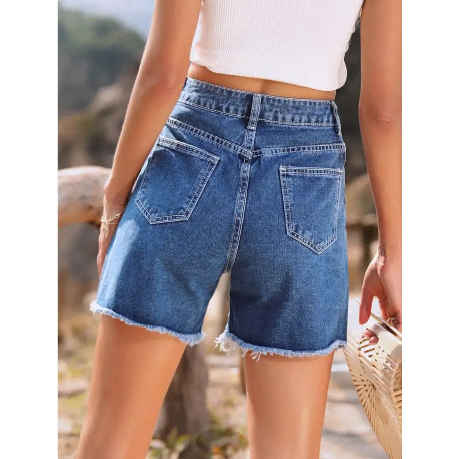 Textured Raw Hem High Waist Denim Shorts