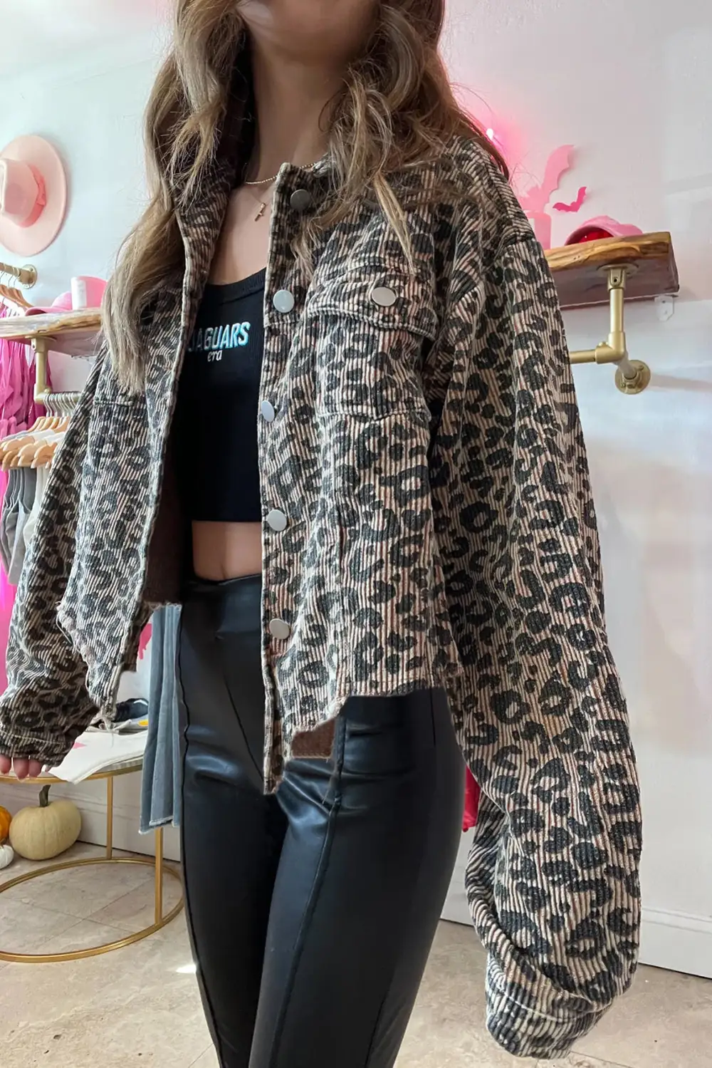 Leopard Print Corduroy Irregular Hem Button Jacket