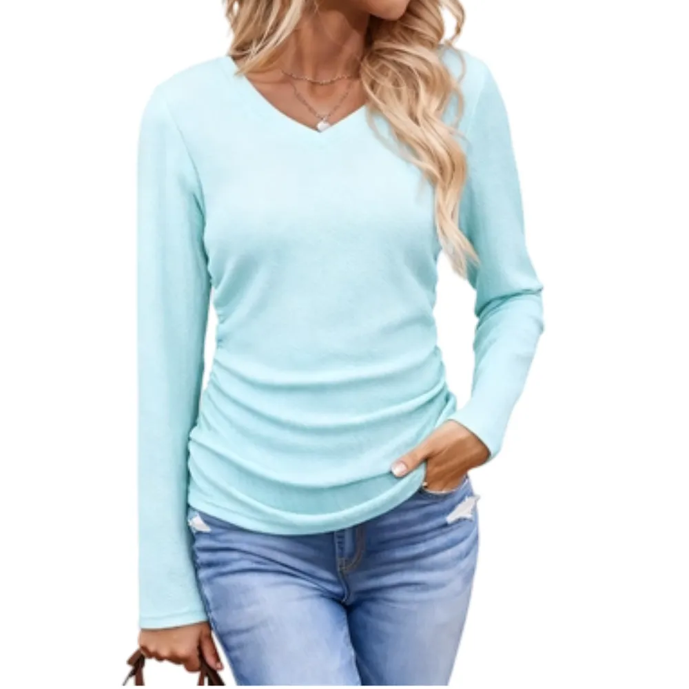Womens Tops Casual V Neck Long Sleeve Shirts for Women Fashion Solid Ruched Basic Tunics Blouses