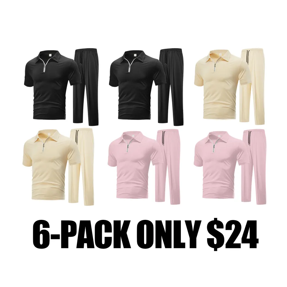 Men's Plain Half Zip Up Shortsleeve Polo Shirt & Drawstring Waist Pants Two-piece Set