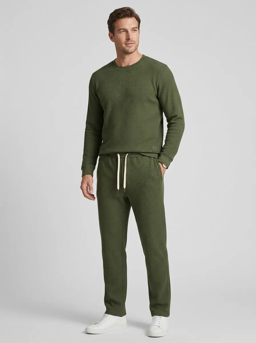 Minimal Waffle Knit Waffle Texture Classic Look Men's Waffle Knit Lounge Set