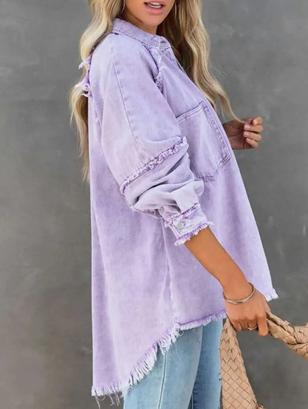 Loose Raw Edge Patchwork Pocket Denim Shirt Jacket