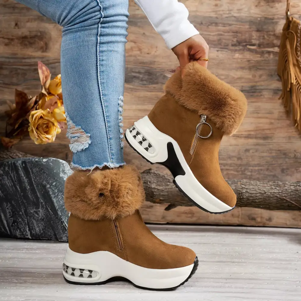 Fuzzy Side Zipper Platform Ankle Boots